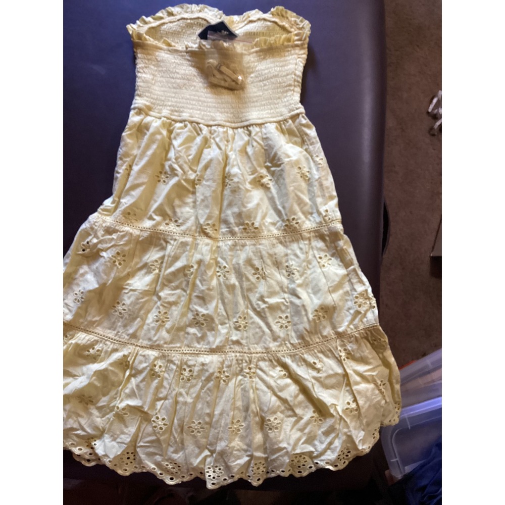 Jessica Simpson Yellow Eyelet Smocked Tiered Midi Dress Removable Straps Small